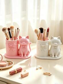 Cute Cat Bow Makeup Brush Holder, Girly Bow Makeup Brush Pen Pot, Bedroom Vanity Desktop Decor, Perfect Gift For Best Friend - Multicolor - View 4