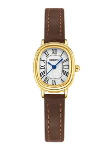 REBIRTH 1pc Women's French Vintage Style Oval Roman Numeral Quartz Wrist Watch, Commuter Accessory - Brown - View 7