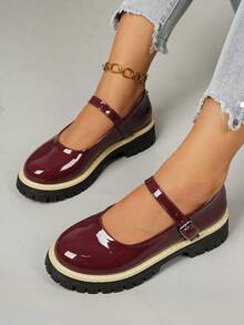 Minimalist One-Strap Thick Sole Plus Size Women's Shoes, Autumn New British Style Leather Shoes For Skirts - Burgundy - View 5