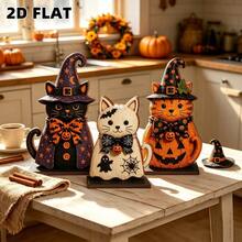2D Flat Design 3pcs Cat Decor, Pumpkin Halloween Wooden Decorative Sign, Party Decoration, Holiday Gift, Home Wall Decor, Welcome Sign, Desktop Office Decor Ornament, Christmas Decoration - A - View 2