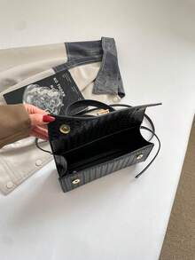 Textured Woven Handbag With Metal Lock Clasp Decor, Detachable Shoulder Strap Rectangular Evening Crossbody Bag, Suitable For Parties And Formal Events - Black - View 6