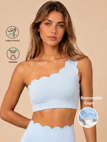 Tank Top Olahraga Wanita Kasual dengan Satu Bahu dan Garis Leher Melengkung, Model Pendek - Baby Blue - View 1