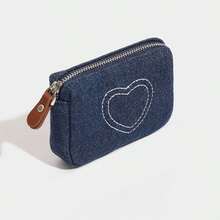New Portable Dirt-Resistant Denim Heart Embroidery Wallet Women's Card Holder Coin Purse - Multicolor - View 2