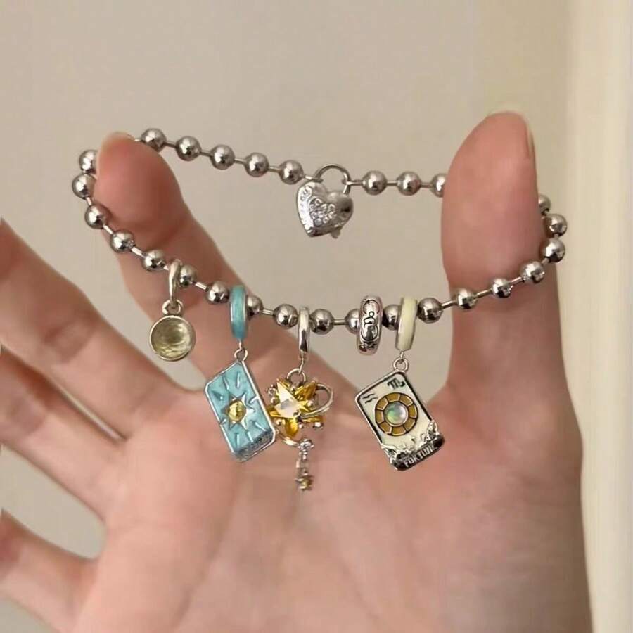 1pc Vintage Tarot Card Element Star Heart Lock Beaded Bracelet, Sweet Cool Girl Personalized Hip Hop Style Versatile Alloy Hand Jewelry Accessory - Multicolor - View 1