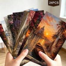 24pcs+A Red Envelope Romantic Holiday Postcards, Exquisite Landscape Patterns With Blessing Text, Suitable For Friends, Seasonal Greetings, Artistic Oil Painting Style - Sets - View 4