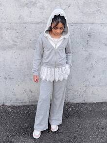 Vihyde Tween Girls Ballet Style Zipper Hooded Jacket & Lace Patchwork Hem Wide Leg Pants 2pcs Set, Autumn/Winter - Light Grey - View 10