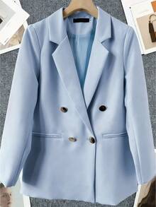 Spring/Summer Women's Solid Color Long Sleeve Double-Breasted Blazer, Notched Collar | Suitable For Dates, Parties, Outings And Holiday Celebrations - Baby Blue - View 3