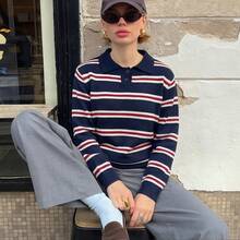 Women's Preppy Striped Long Sleeve POLO Knit Sweater, With Button Details, Ribbed Cuffs, Autumn/Winter Regular Fit Pullover - Navy Blue - View 3