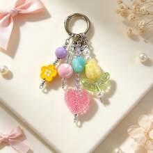 Colorful Beaded Heart Tulip Keychain Pendant, Sweet Handmade Flower Charm, Exquisite Shiny Bead Decoration, Phone Charm, Backpack Bag Car Key Accessory, Gift For Girls And Students - Multicolor - View 1