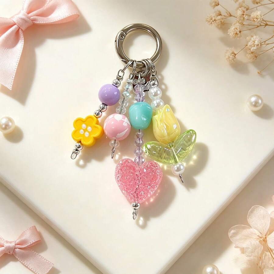 Colorful Beaded Heart Tulip Keychain Pendant, Sweet Handmade Flower Charm, Exquisite Shiny Bead Decoration, Phone Charm, Backpack Bag Car Key Accessory, Gift For Girls And Students - Multicolor - View 1