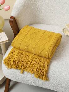 A Wavy Pattern Bed Blanket, Nordic Style Acrylic Rectangular Tassel Solid Color Sofa Throw Blanket Bed Decorative Blanket Lunch Blanket Knitted Blanket - Vertical Rhombus Yellow - View 5