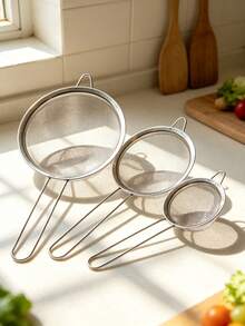 5pcs Stainless Steel Fine‑Mesh Strainer Set, Multi‑Size Metal Sieve Colander With Long Handle, Food‑ Fine Mesh Filter For Flour Sifting, Straining Juice Noodles, Baking Cooking Kitchen Gadget, Durable Easy‑To‑Clean Home Cooking Tool[4/3/2/1pc] - Multicolor - View 6