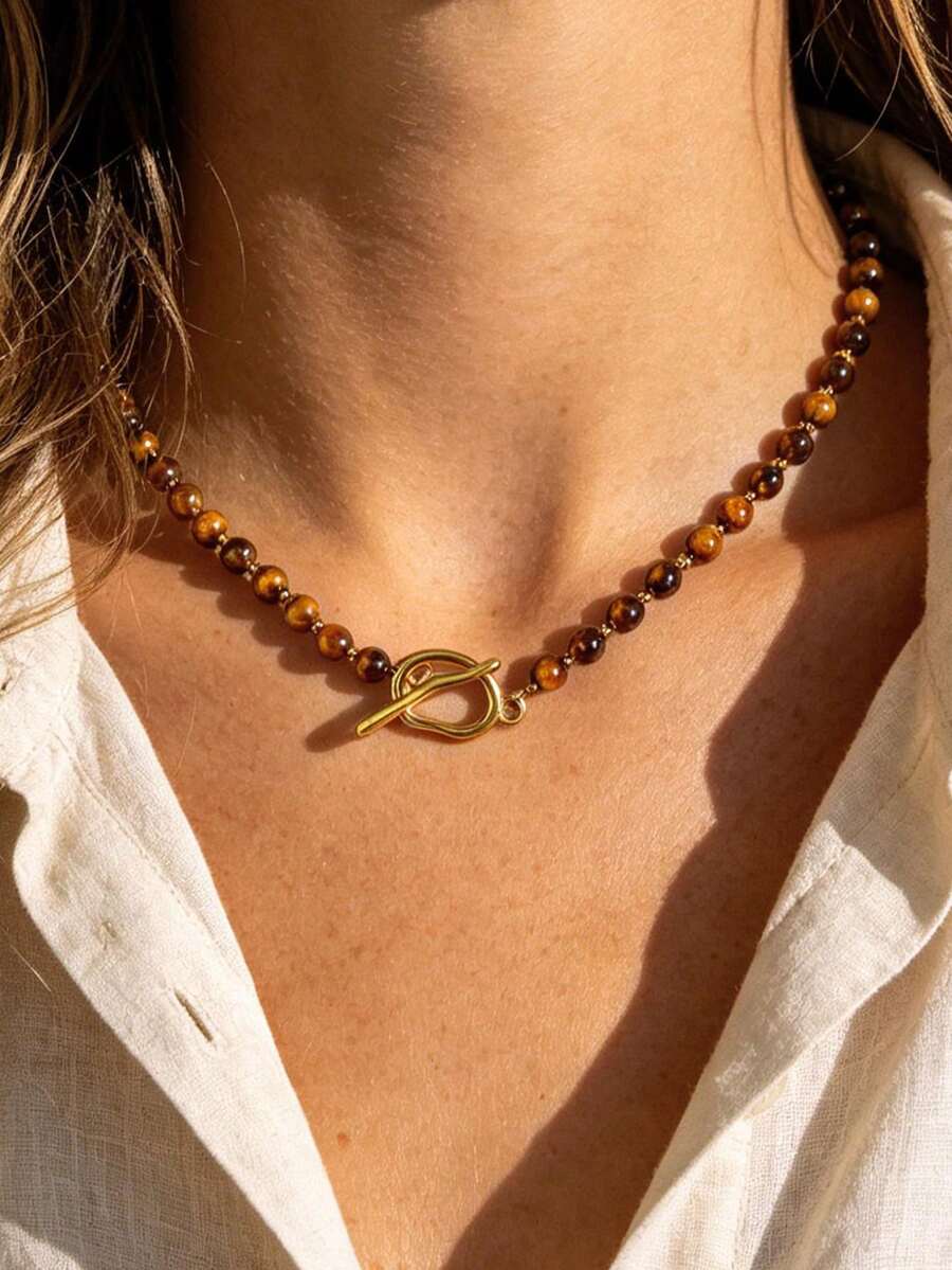 1pc Minimalist Beaded Necklace In Maillard Color Palette, Women's Daily, Vacation, Date, Travel Wear, Perfect Gift Choice - Brown - View 1