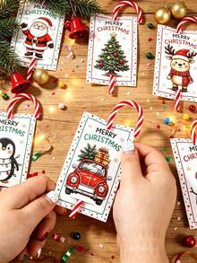 48pcs Christmas Candy Cane Gift Cards With Bow, Santa Claus Penguin Reindeer Snowman Pattern Candy Cane Holder Labels, Christmas Gift Packaging, Merry Christmas Labels, Baby Shower Christmas Party Favors, Christmas Decorations, Home Decor, Merry Christmas Gifts, Christmas Baby Party Supplies - Multicolor - View 4