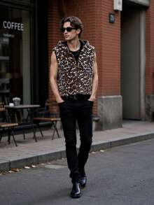 Men's Faux Fur Hooded Leopard Print Jacket, Autumn/Winter Outdoor Casual Wear - Mocha Brown - View 4