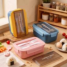 1 buah Kotak Bekal Bento - Merah Muda - Dengan Peralatan Makan, Kotak Bekal Microwave, Kotak Bekal yang Dapat Ditumpuk, Kotak Bekal Bento dengan Sendok dan Garpu, Tas Bekal Bento Berinsulasi - View 3