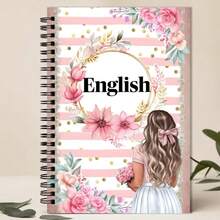 1pc A5 Size English Practice Notebook, Spiral Bound, Pink Floral Design Cover With Cute Pink Bow Decoration, Pen-Style Language Learning Workbook With Spiral Line Pattern, Suitable For Students' English Course Practice - One Book (50 Pages, 100 Pages) - View 6