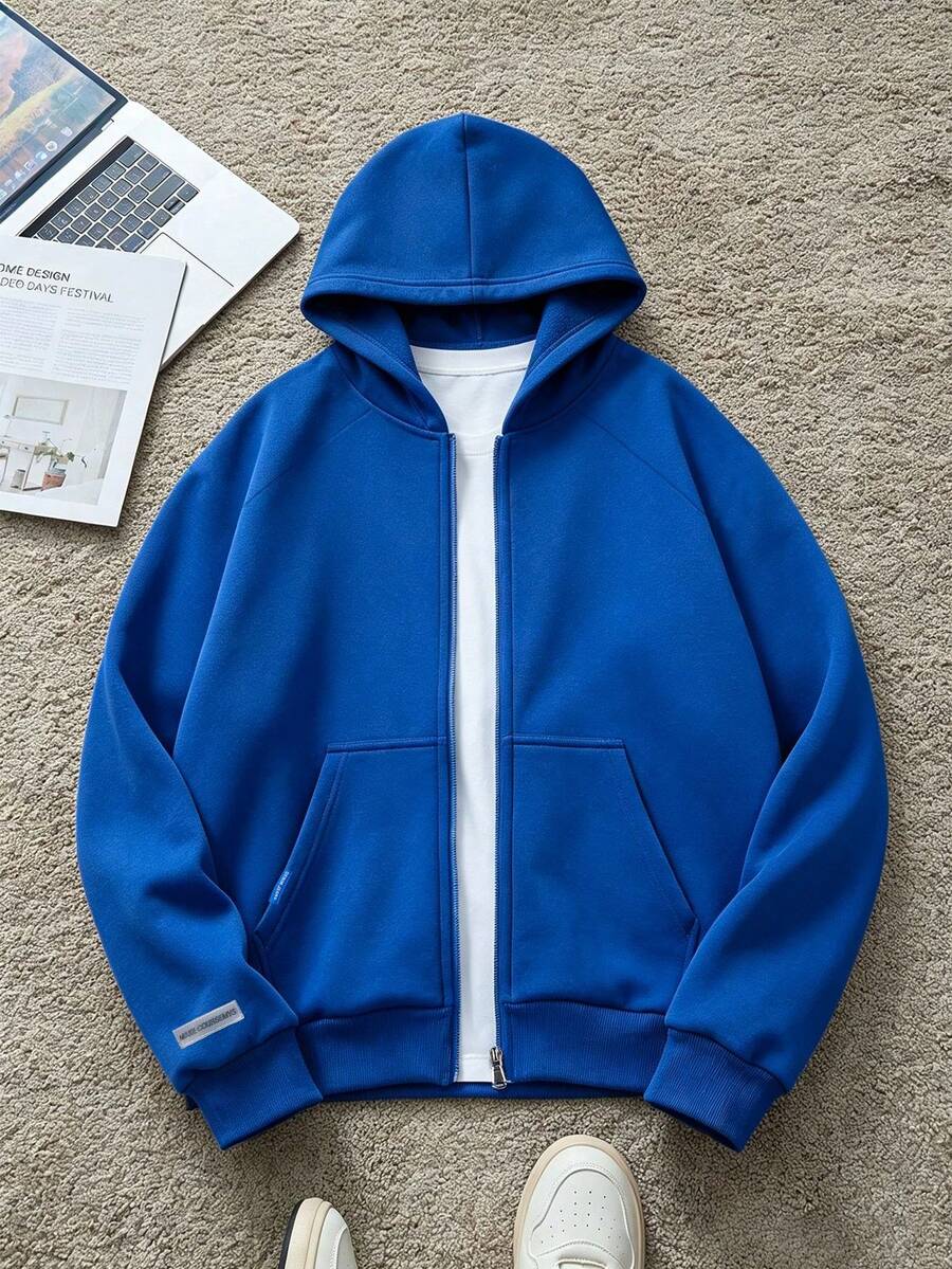 1pc Tween Boys Casual Solid Color Fleece Zip-Up Hoodie Jacket, Warm - Blue - View 1