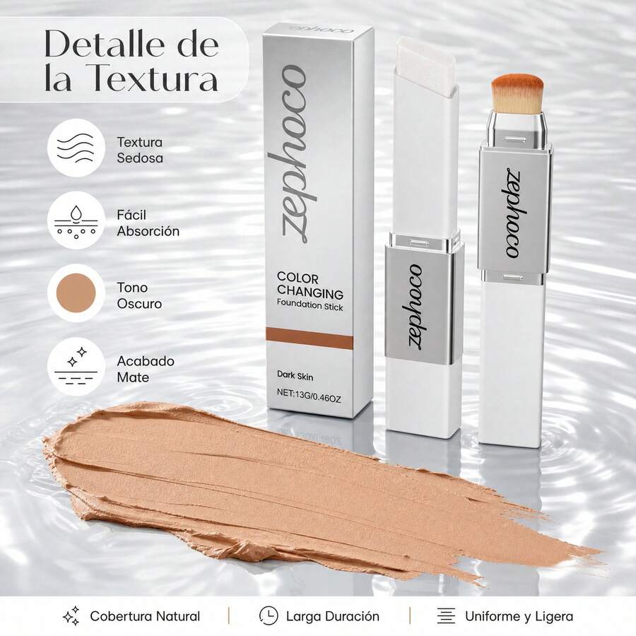 zephoco 13G/0.46OZ Base de Maquillaje en Barra 2 en 1 con Brocha Tono Oscuro Color Adaptativo Textura Ligera Hidratante Acabado Natural Sin Cuartearse Cobertura Ligera para una Piel Uniforme y Fresca