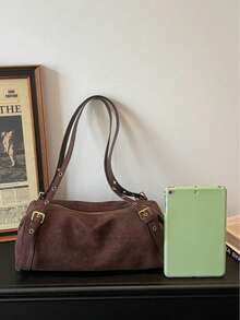 1pc Faux Suede Handbag With Gold Hardware, Convertible Tote Bag & Shoulder Bag, Zipper Closure, Vintage Casual Style, Suitable For Autumn/Winter Commute, Date, Shopping - Coffee - View 9