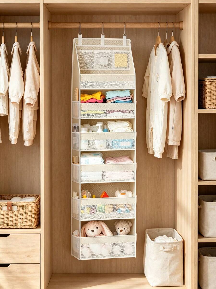 1pc Over-The-Door Hanging Storage Organizer, 6-Tier 13-Pocket Mesh Hanging Rack, Baby Room Decor And Storage, Suitable For Baby Bedroom And Playroom Storage - Multicolor - View 1