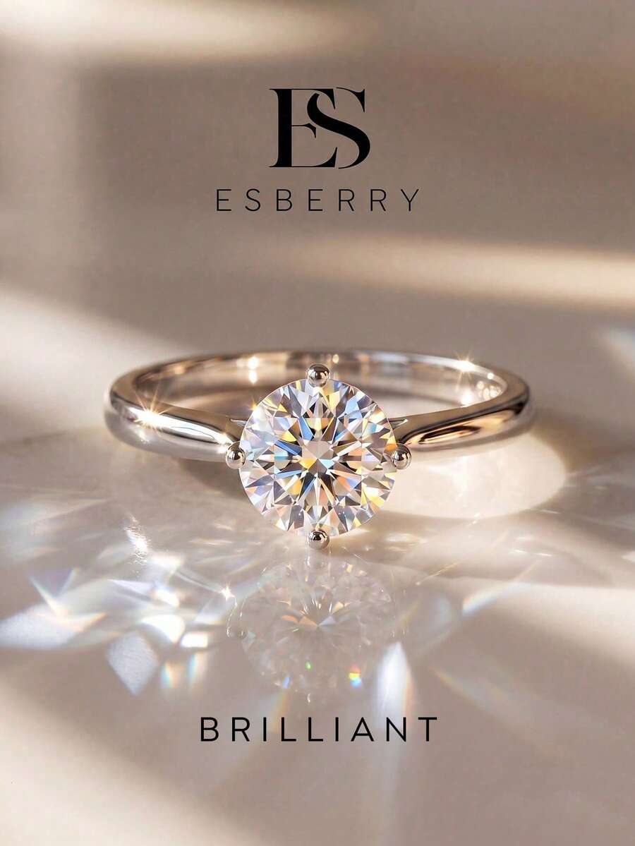 ESBERRY 1件莫桑鑽戒指 經典1克拉四爪單顆主石戒指，適合女性婚禮與訂婚佩戴
