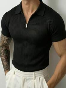 ZYNTH BALENO Men's Fashion Striped Slim Fit Regular Shoulder Zip-Up Polo Collar Short Sleeve Sweater, Suitable For Gym, Cycling, Running Sports - Black - View 2