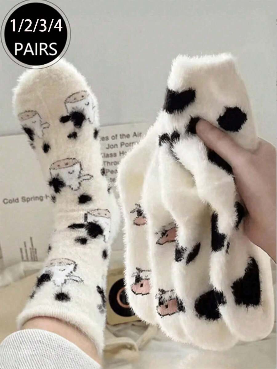 4 Pairs Cute Cow Pattern Plush Long Socks, Thick Texture, Soft & Comfortable, Suitable For Daily Wear. Perfect For Christmas And Winter Warmth Needs. (4/3/2/1 Pairs) - Multicolor - View 1