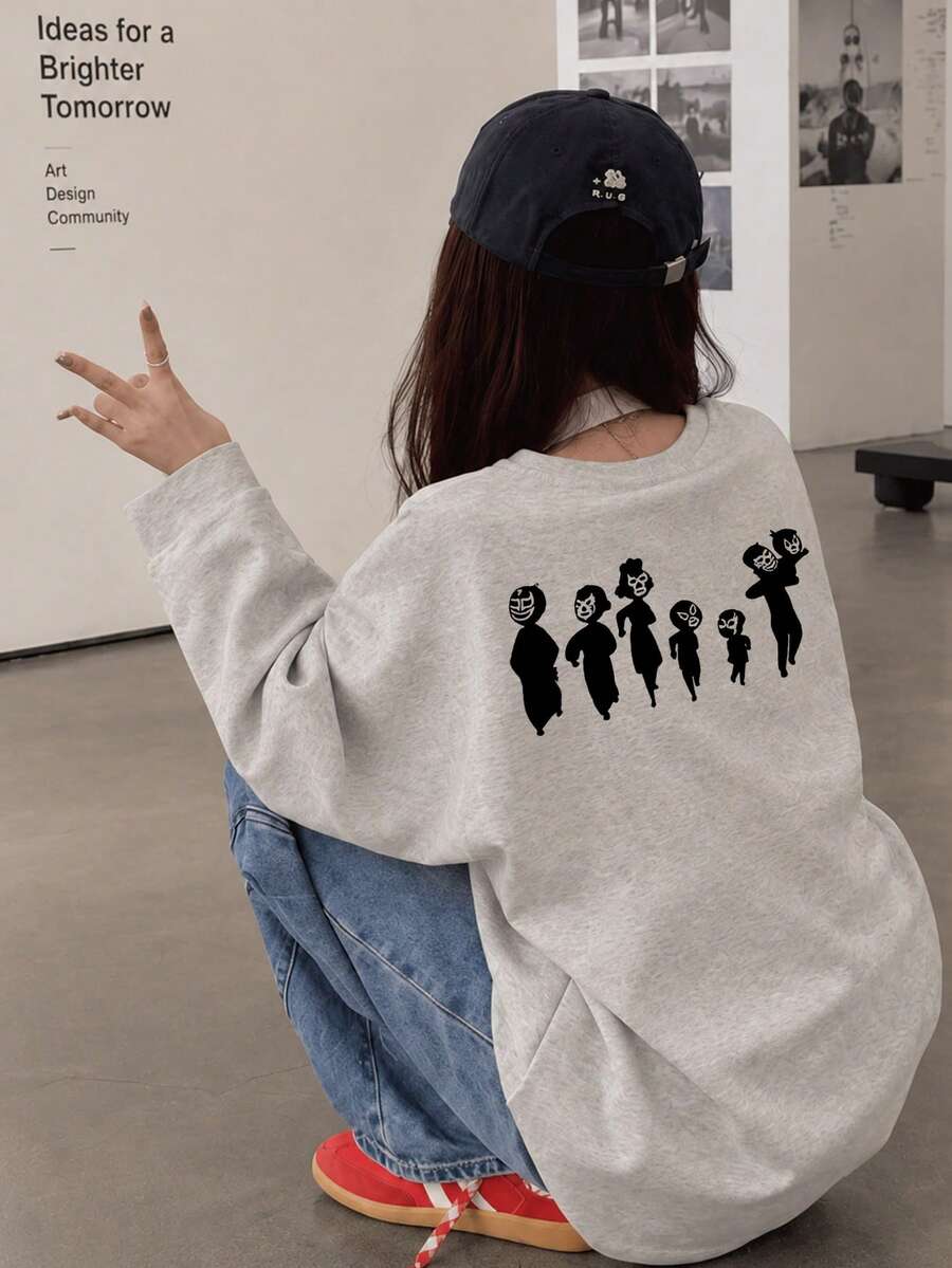 Women's Fashion Autumn/Winter Loose Versatile Letter Cartoon Print Long Sleeve T-Shirt Casual - Light Gray - View 1
