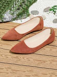 Elegant Low Heel Flat Women's Shoes, Fashion Minimalist Pointed Toe Shallow Design, Suitable For Spring Summer Autumn Outdoor Wear, Suede Material, Solid Color Neutral Smooth Shoes, Outdoor Spring Autumn - Brown - View 3
