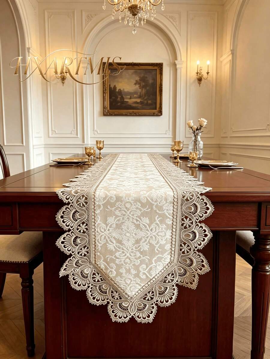 HXARTMIS 1 buah Taplak Meja Renda Jacquard Vintage, Taplak Meja Bordir Berongga Eropa, Taplak Meja Dekoratif Warna Beige, Cocok untuk Meja Makan, Pesta Pernikahan, Dekorasi Rumah - Krem - View 1