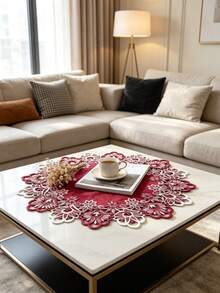 1PC Polyester Festive Burgundy Fall And Winter Velvet Center Lace Cutwork Placemat Round Floral Embroidered Table Mat For Holiday Party Dinner Decoration - Red - View 11