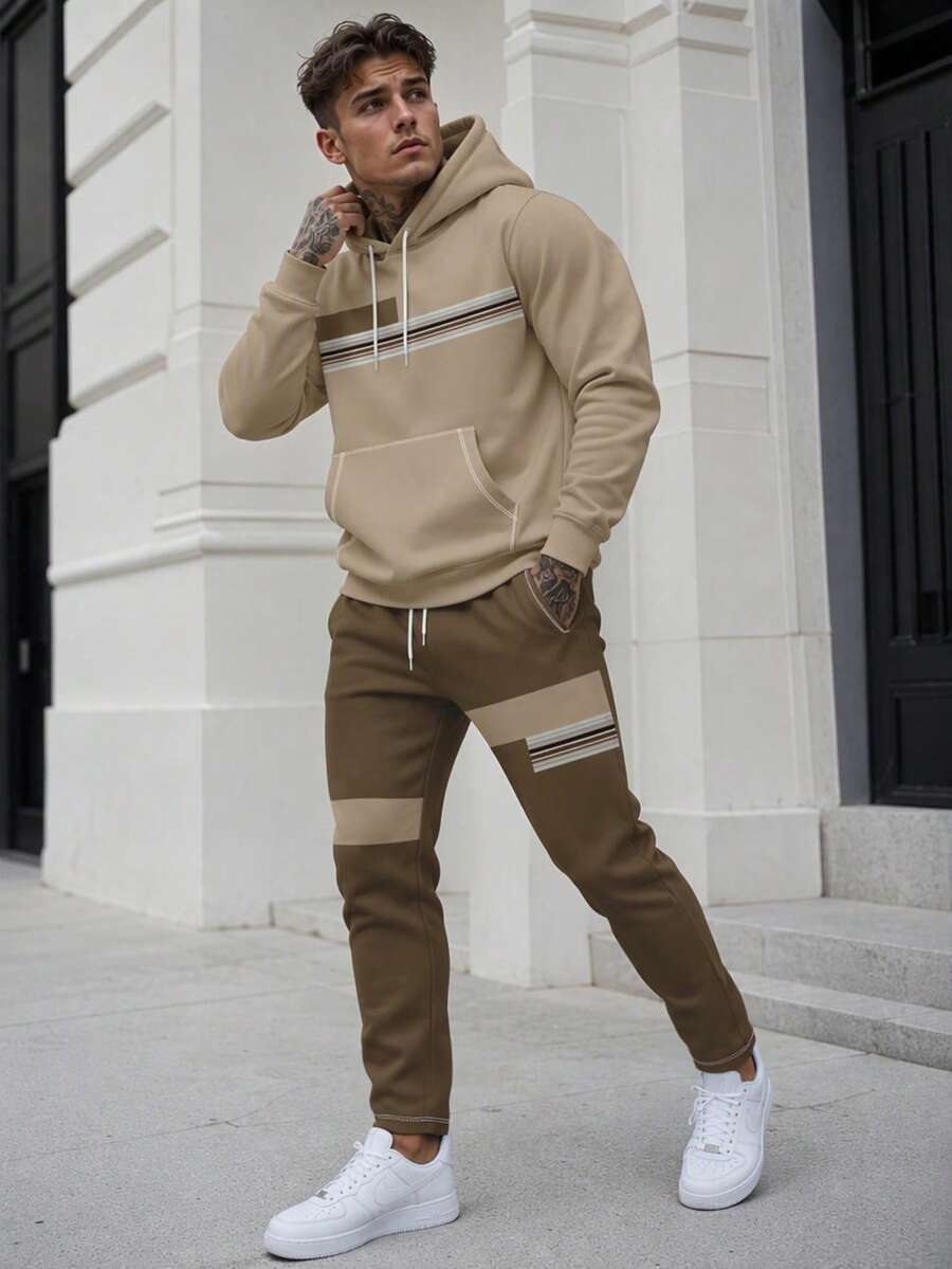 Men's Casual Versatile Striped Patchwork Print Pocket Drawstring Hoodie And Sweatpants Set, Spring/Autumn - Multicolor - View 1