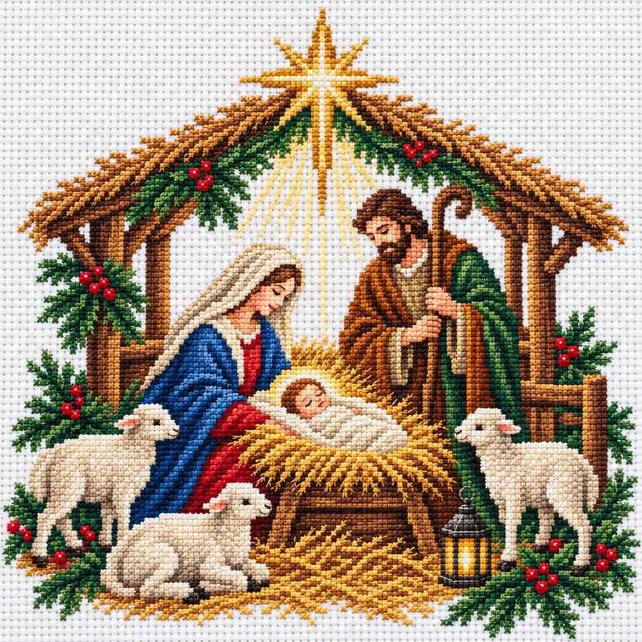 1pc Christmas Nativity Cross Stitch 11CT Pre-Printed 50*50cm With Scissors And Needle Threader Full Material Kit, Bible Manger Birth Pattern, Stress Relief Handmade, Living Room Holiday Decor Painting