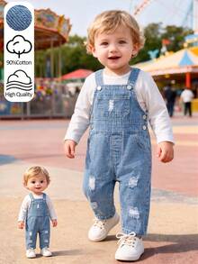 Toddler Unisex Denim Overalls, Soft Cotton Blue Vintage Distressed Denim Fabric, Adjustable Shoulder Straps Retro Style, Suitable For Summer, 80s, Career Day, Back To School, Halloween, Halloween Costume, Halloween Denim - Medium Wash - View 2