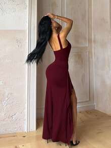 1pc Solid Color Elegant Casual Sexy Party Knit Fabric Asymmetric Dress Formal Evening Wear Autumn - Burgundy - View 5