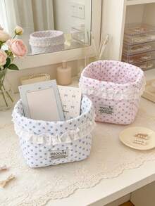 1pc Cute Polka Dot Storage Basket Quilted Drawstring Makeup Bag Lace Decor Cosmetic Organizer Bucket Desktop Items Storage Bag Folding Small Basket - Multicolor - View 3