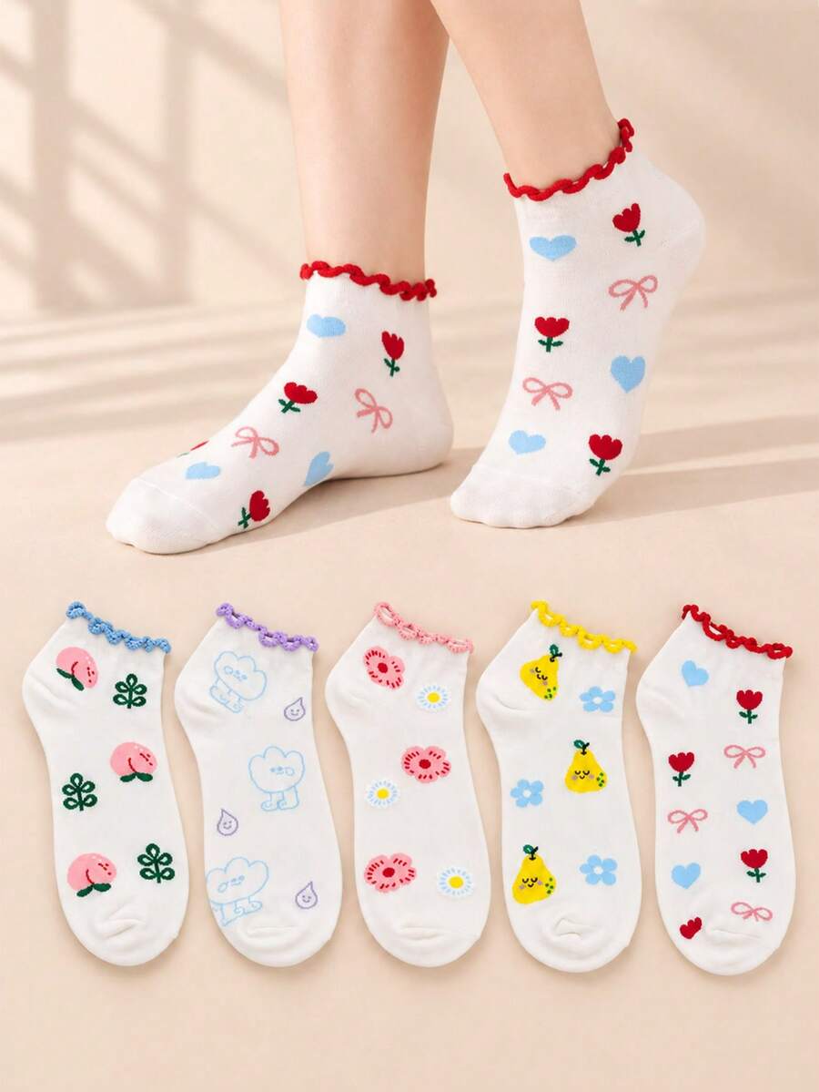 5 Pairs Women's Cute Ruffle Trim Ankle Socks, Fruit Flower Heart & Bow ...