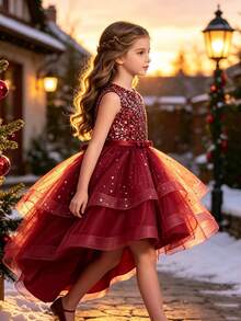 Tween Girl Sleeveless Sequin Mesh Ball Gown Princess Party Dress With Trailing, For Wedding Party - Burgundy - View 3