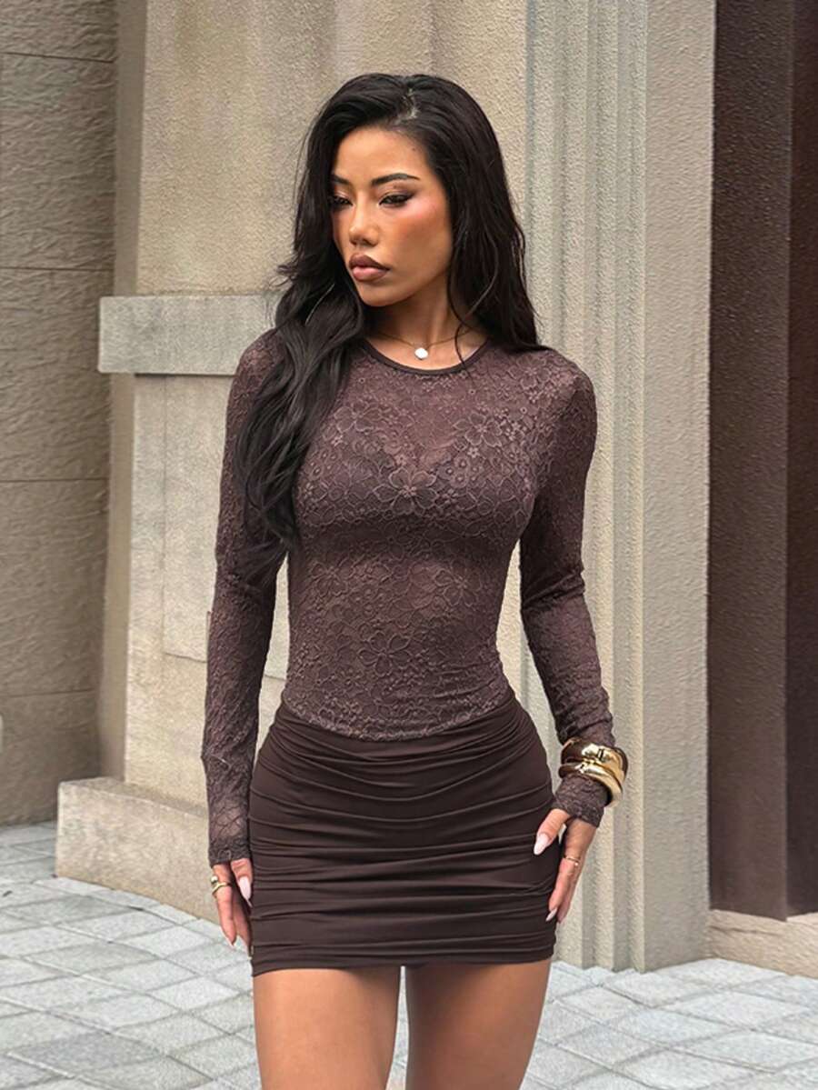 Autumn Solid Color Sexy Lace Patchwork Long Sleeve Bodycon Dress, Women's Elegant Dress For Party And Date