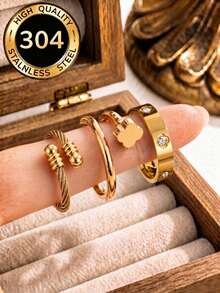 3pcs 18k Gold Plated Exquisite Luxury Sparkling Ring Set, Stainless Steel Jewelry Set, Multiple Sizes Available, Solves Your Size Anxiety, Waterproof, Wear-Resistant, Hypoallergenic, Suitable For Women's Daily Wear, Party, Gift, Vacation, Fashion Jewelry - Golden 2 - View 5