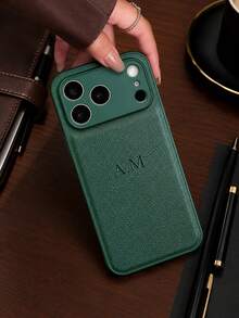 奢華客製化姓名人造PU皮革手機殼，適用於Apple 17 16 15 14 13 12 11 Pro Max 14 15 16 Plus 17 Air，燙金字母全包保護套，時尚手機殼DIY禮物，手機配件，字母姓名客製化，極簡防指紋防摔防震情侶軟手機殼，情人節禮物，生日禮物，節日禮物 - 墨綠色 - 查看 3