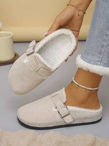 Autumn/Winter Plush Slippers, Fuzzy Closed-Toe Mule Slippers With Square Buckle Decor, Thick Sole Warm Indoor/Outdoor Wear, Non-Slip Durable Home Slippers - Beige Suede - View 1