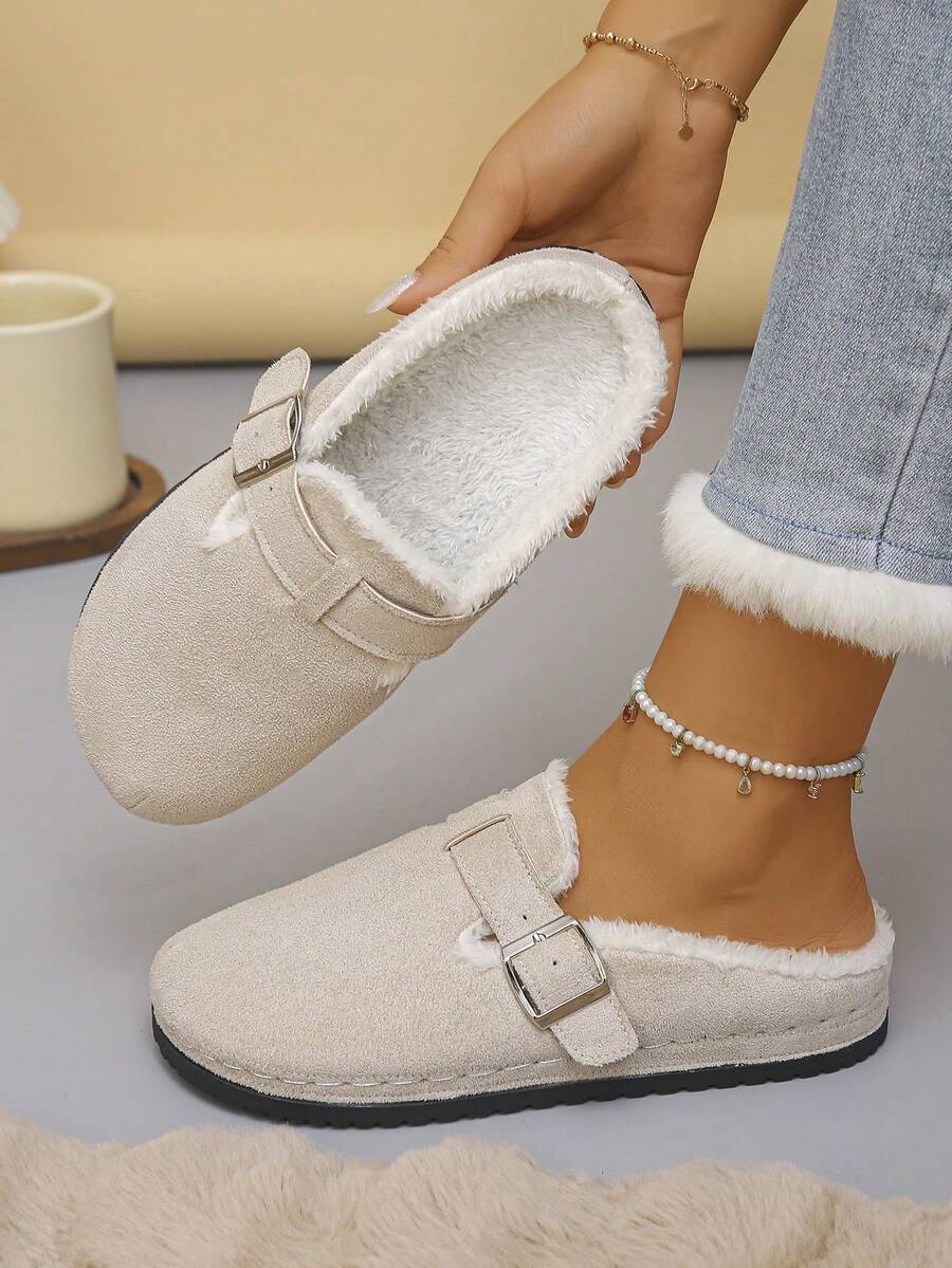Autumn/Winter Plush Slippers, Fuzzy Closed-Toe Mule Slippers With Square Buckle Decor, Thick Sole Warm Indoor/Outdoor Wear, Non-Slip Durable Home Slippers - Beige Suede - View 1
