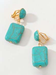 1Pair Fashionable Oval Turquoise Ear Clips, Geometric Personalized Clip On Earrings For Women No Pierced Ears - Turquoise - View 12