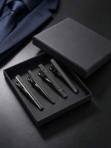 4 Pcs Classic Black Tie Clips Set For Men Metal Alloy Necktie Bar Clips Business Wedding Party Formal Shirt Suit Accessories Gifts - Gunmetal Black - View 1
