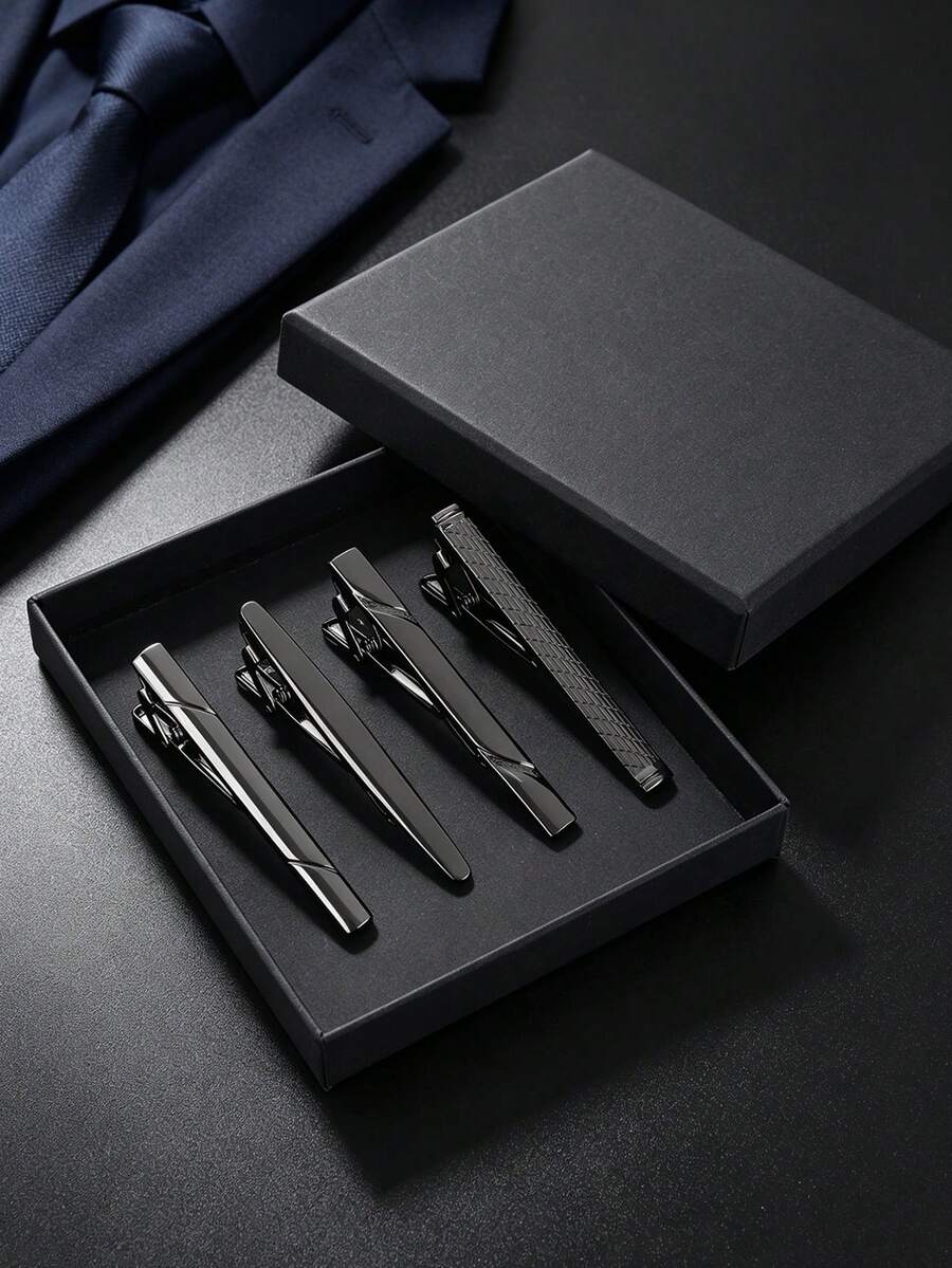 4 Pcs Classic Black Tie Clips Set For Men Metal Alloy Necktie Bar Clips Business Wedding Party Formal Shirt Suit Accessories Gifts - Gunmetal Black - View 1