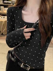 Autumn/Winter Sweet Cute Large Scoop Neck Apricot Polka Dot Women's Sweater - Black - View 3
