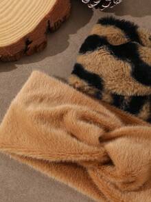 2pcs Women's Autumn/Winter Plush Wide Twisted Headband, Faux Tiger Animal Print, Camel Color Elastic Hairband, Warm Soft Elastic Hairband, Suitable For Winter Daily Outdoor Party Hair Decoration - Coffee-colored - View 3