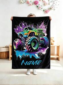 Personalized Monster Truck Throw Blanket For Kids, Custom Name Colorful Cartoon Lightweight Blanket, Soft Warm Winter Blanket, Suitable For Kids - Multicolor - View 3